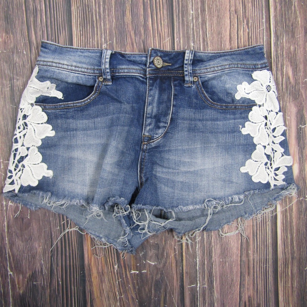 Indigo Rein Cut-Off Juniors 7 Blue Denim Cotton Spandex Lace 5-Pocket 2.5 Inseam
